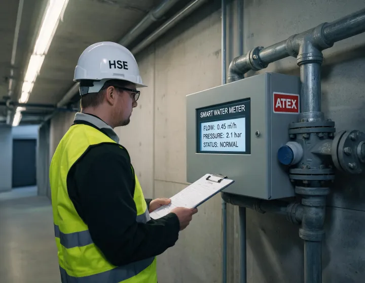 HSE officer reviewing a smart water meter cabinet on a district pipeline